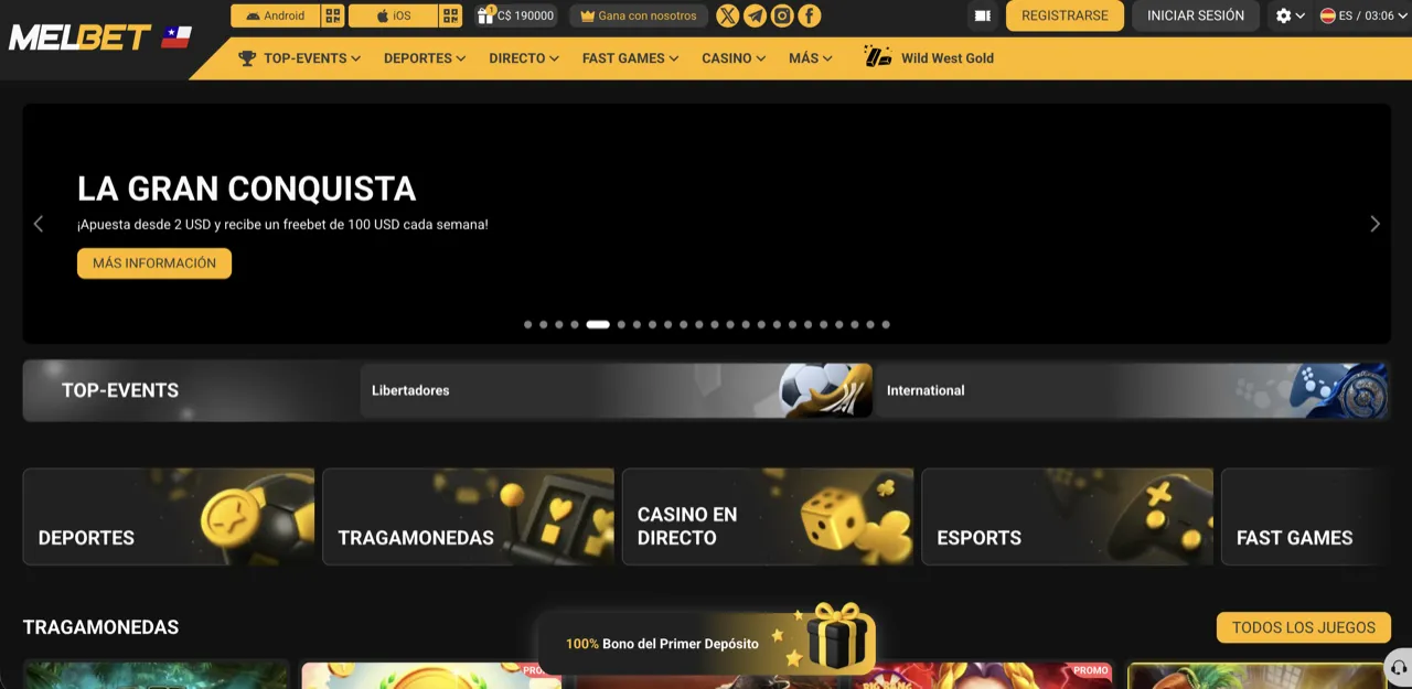La plataforma de Melbet en su versión chilena
